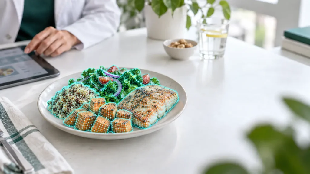 AI food image analysis of a meal to identify foods and estimate portions.
